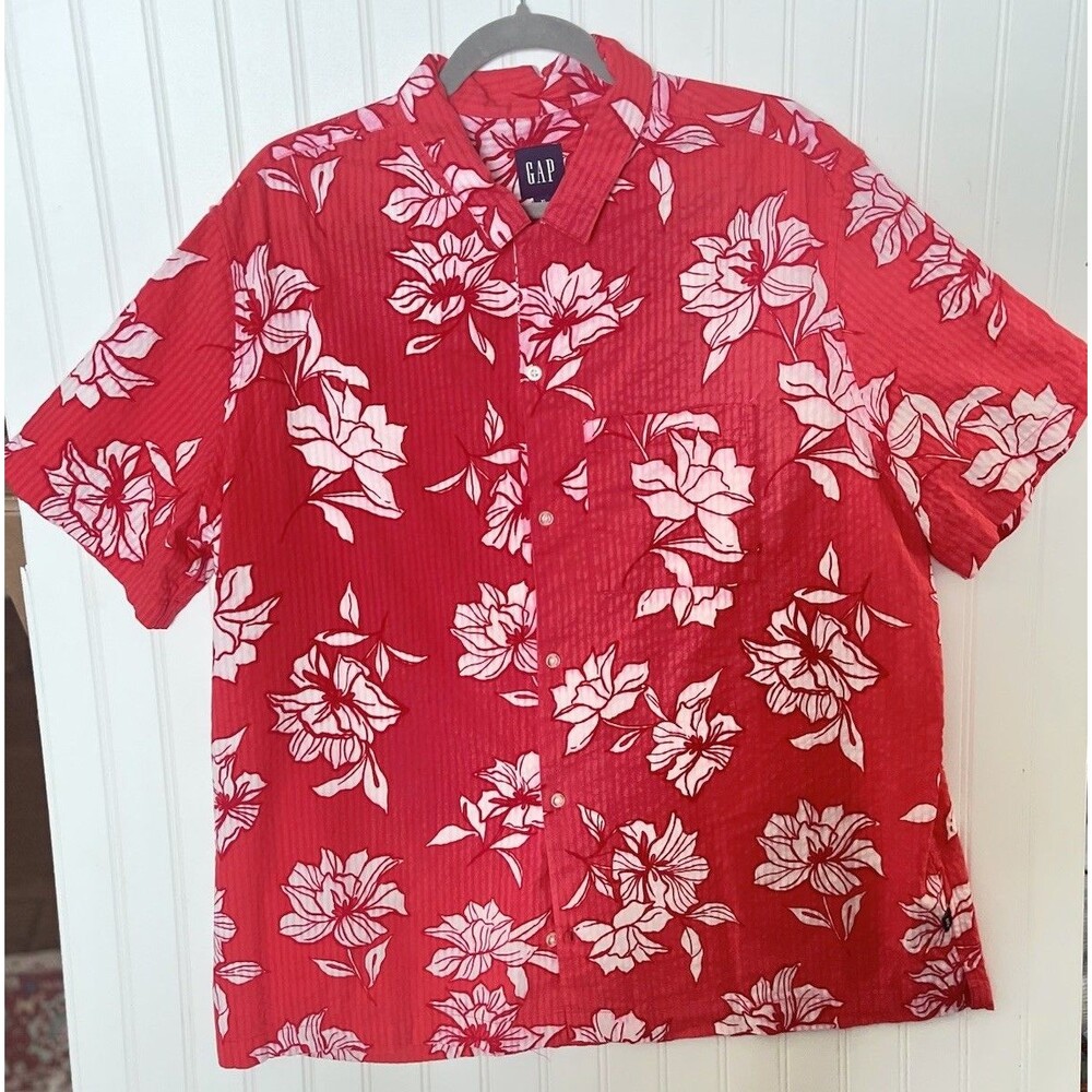 Gap Men’s Short Sleeve Shirt Red White Floral Casual Hawaiian Style Cotton XL